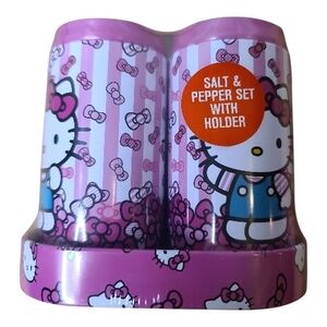 Hello Kitty Pink Salt & Pepper Set with Holder NEW